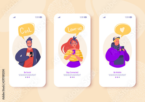 Social networking, media, virtual relationships concept for mobile app page, onboard screen set. Group of modern young people, students, pupils or millennials chatting via internet using smartphone. 