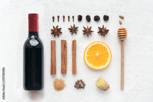 Mulled wine set on concrete background. Top view. 