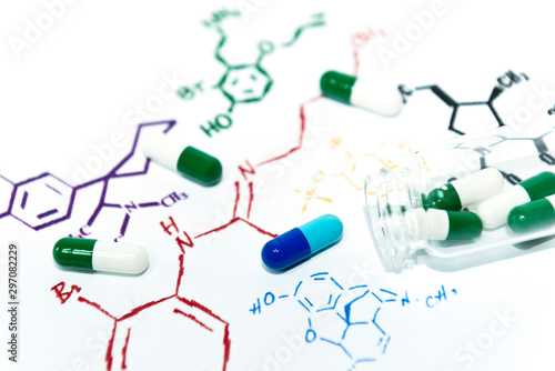 New chemical combination capsule drug on the colorful hand drawing chemical structure formula