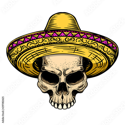 Illustration of skull in sombrero isolated on white background. Design element for logo, label, badge, sign. Vector illustration