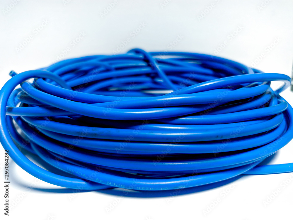 A roll of blue cords in white background A roll of blue cords in white background