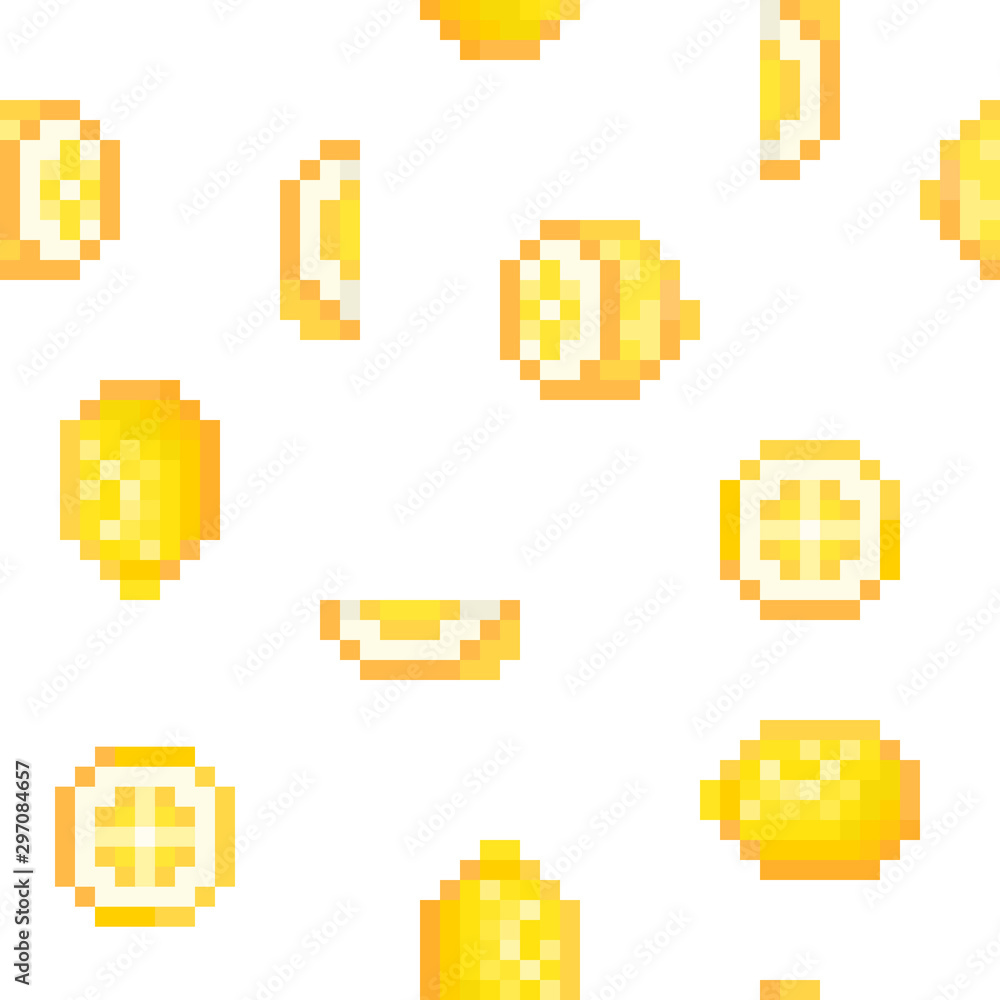 Seamless pattern with 8 bit pixel art yellow lemons (uncut, cut in half, sliced) isolated on white background. Citrus fruit print for menu, kitchen fabric, seed, lemonade, jam, juice package design. Seamless pattern with 8 bit pixel art yellow lemons (uncut, cut in half, sliced) isolated on white background. Citrus fruit print for menu, kitchen fabric, seed, lemonade, jam, juice package design.
