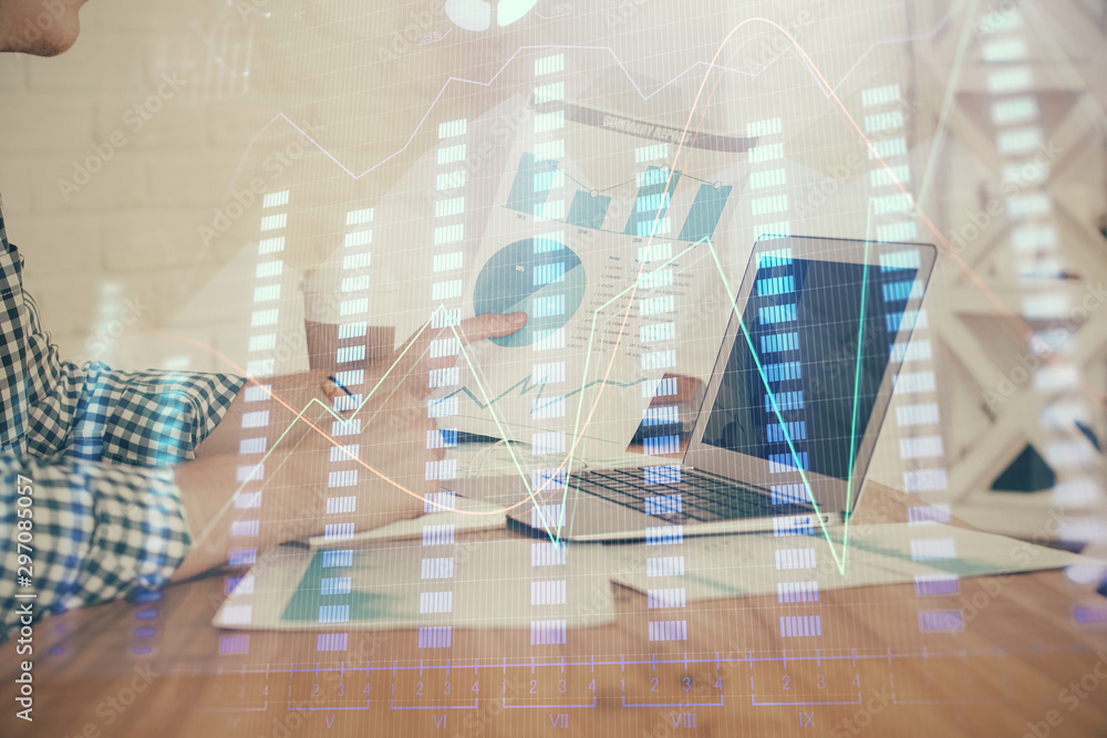 Double exposure of financial graph with man works in office on background. Concept of analysis. Double exposure of financial graph with man works in office on background. Concept of analysis.