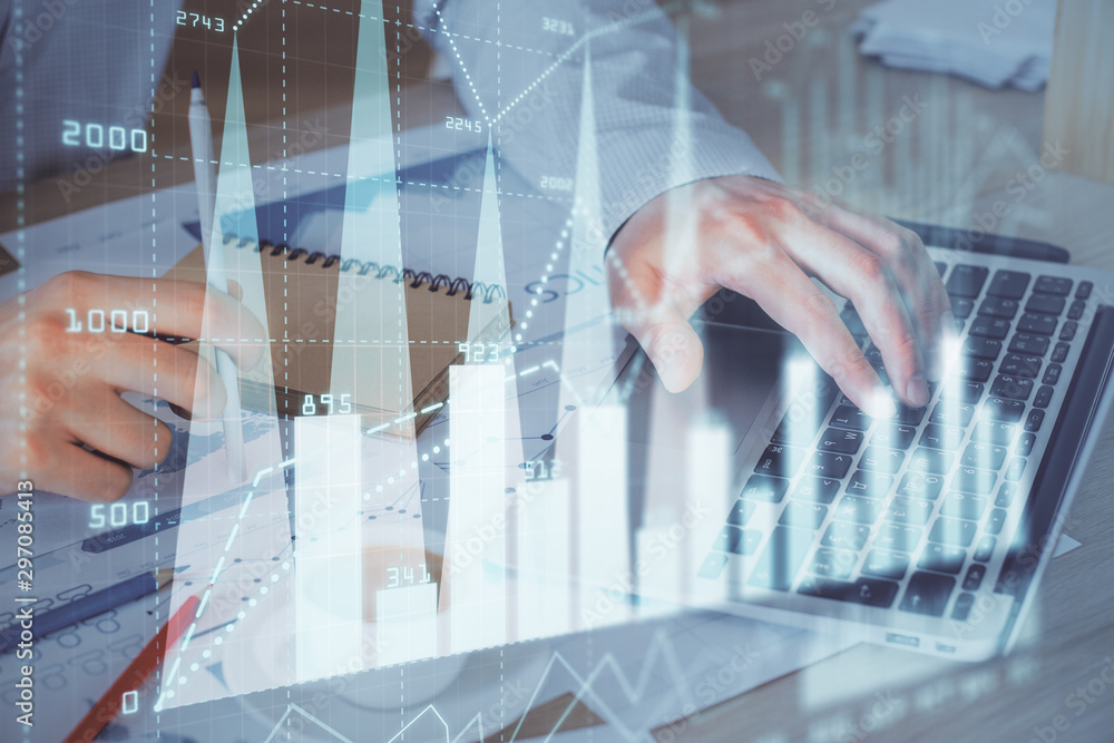 Forex graph with businessman working on computer in office on background. Concept of hardworking. Double exposure. Forex graph with businessman working on computer in office on background. Concept of hardworking. Double exposure.
