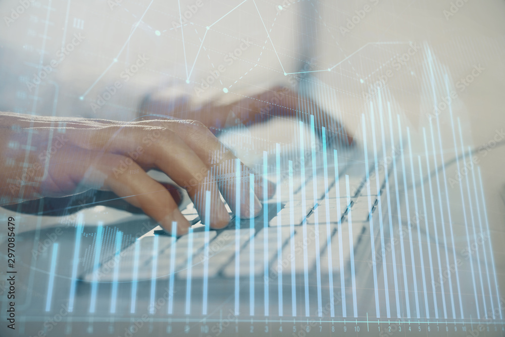 Forex graph with businessman working on computer in office on background. Concept of hardworking. Closeup. Multi exposure. Forex graph with businessman working on computer in office on background. Concept of hardworking. Closeup. Multi exposure.