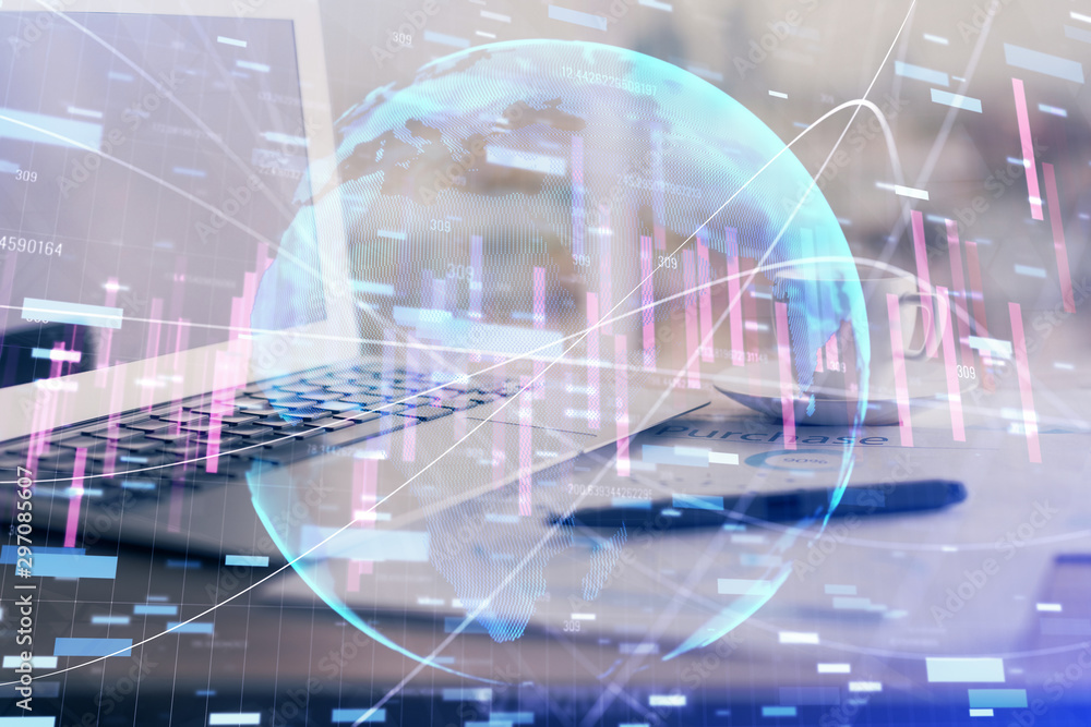 Forex graph hologram on table with computer background. Double exposure. Concept of financial markets. Forex graph hologram on table with computer background. Double exposure. Concept of financial markets.