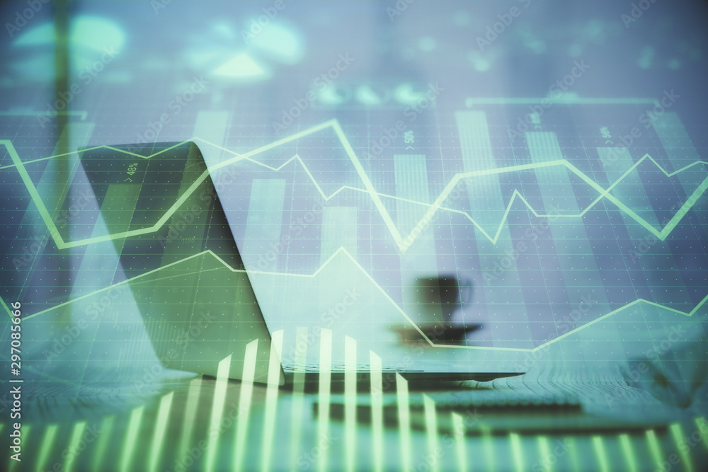Double exposure of forex graph and work space with computer. Concept of international online trading. Double exposure of forex graph and work space with computer. Concept of international online trading.
