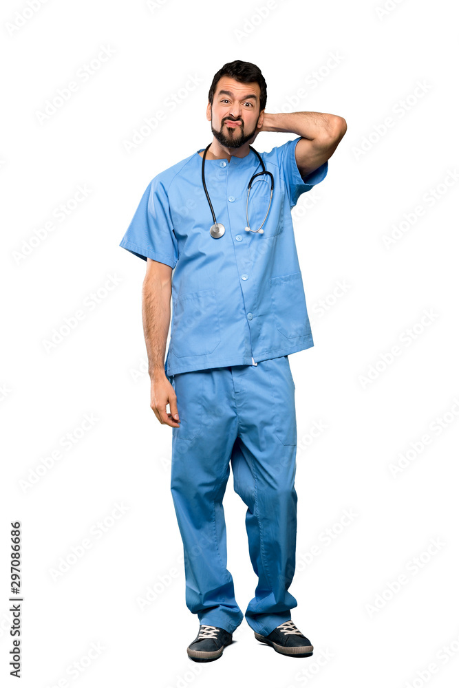 Full-length shot of Surgeon doctor man having doubts over isolated white background Full-length shot of Surgeon doctor man having doubts over isolated white background