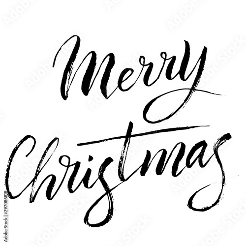Merry Christmas handwritten brush text. Traditional xmas holiday greeting calligraphy. Modern lettering party invitation. Vector eps 10.