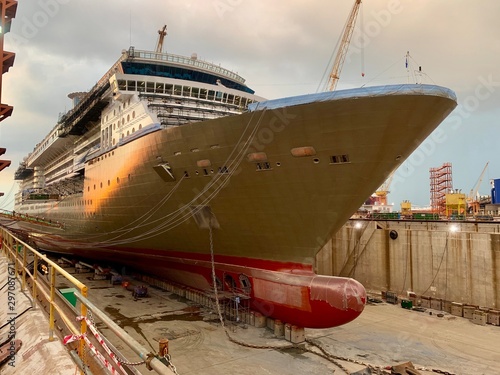 cruise ship in on the dry dock. This is a renovation and referbish of the huge vessel.