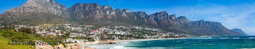 Panoramic view of Camps Bay Beach and Table Mountain in Cape Town South Africa