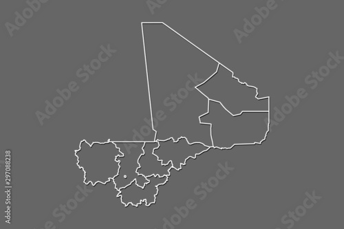 Mali vector map with border lines of regions using gray color on dark background illustration