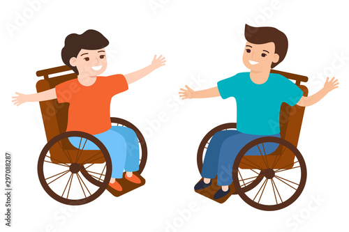 Smiling disabled kids boys sitting in wheelchair, communication, playing. Children's friendship. Vector illustration isolated