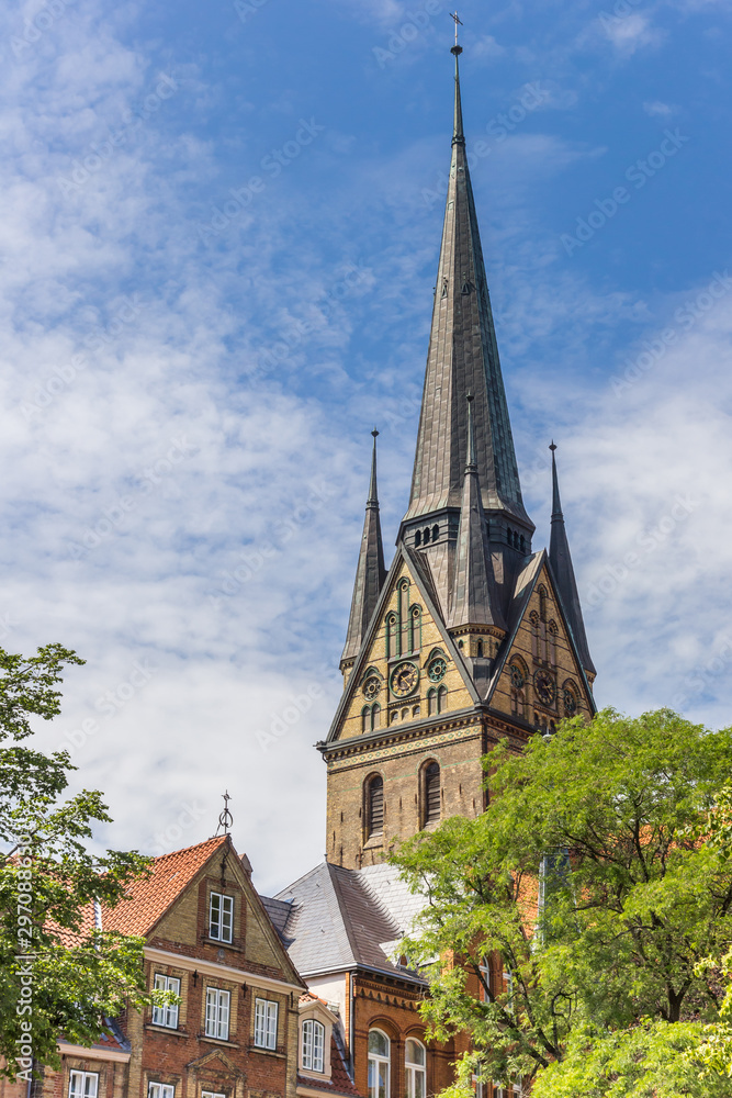 Tower of the historic Nikolaikirche church in Flensburg, Germany