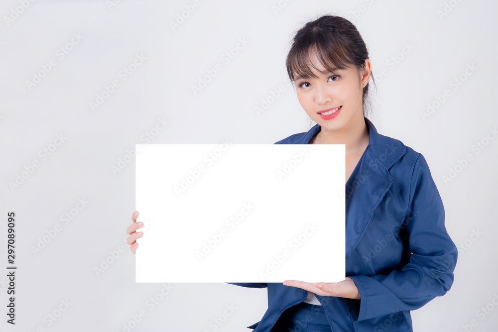 beautiful portrait young business asian woman presenting blank signboard isolated on white background, cheerful and happy beauty businesswoman showing empty billboard or banner for advertising. beautiful portrait young business asian woman presenting blank signboard isolated on white background, cheerful and happy beauty businesswoman showing empty billboard or banner for advertising.