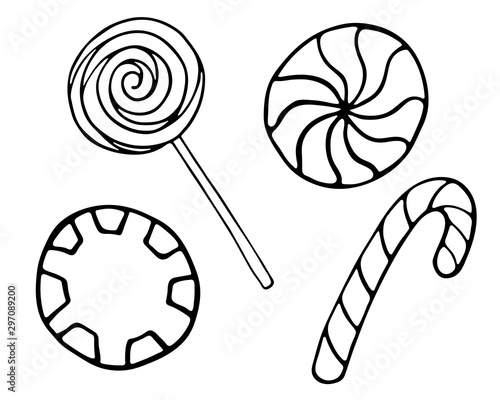 Vector hand drawn outline illustration of sweet candies. Set of candy cane, lolipop, twisted caramels. Black contour doodle in line art style. New Year, Christmas treat. Poster, greeting card template