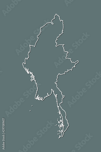 Myanmar vector map with single border line boundary using white color on dark background illustration