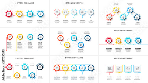 Business data visualization. Process chart infographic set. Abstract elements of graph, diagram with 4 and 5 steps, options, parts or processes. Vector business template for presentation.