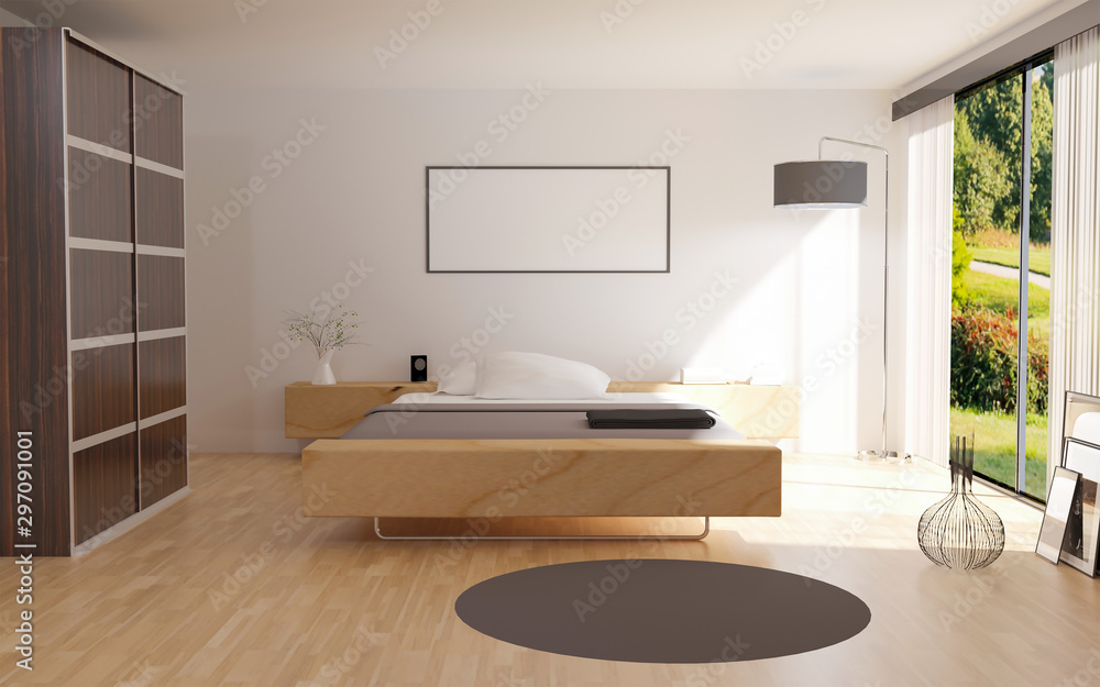 3d rendering of modern interior bedroom with big windows and mock up advertising pattern 3d rendering of modern interior bedroom with big windows and mock up advertising pattern