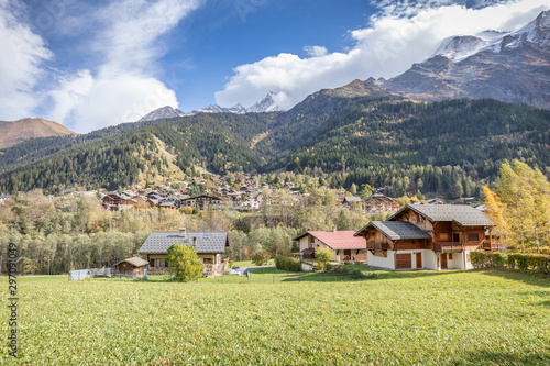 The pretty French Alpine village of Les Contamines-Montjoie, nestling below the Domes de Miage photo
