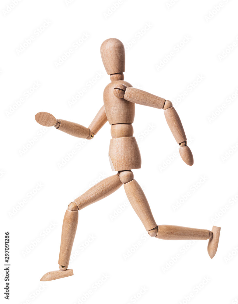 Wooden man isolated on a white background. Gestalt in the form of a running man. profile view Wooden man isolated on a white background. Gestalt in the form of a running man. profile view