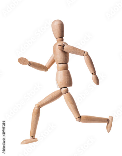 Wooden man isolated on a white background. Gestalt in the form of a running man. profile view