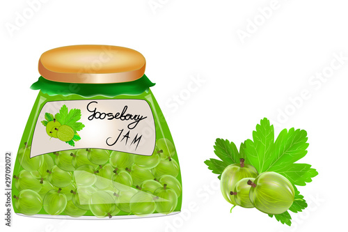Glass jar with gooseberry jam isolated on white background. Jar of marmalade from juicy green gooseberries. Fresh berries with leaves. Organic food. Label mockup for jam. Stock vector illustration