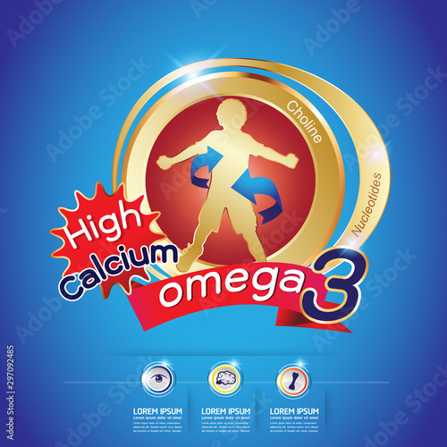 Calcium and Omega 3 and  Vitamin Vector Logo for Kids products.