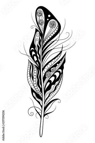 Decorative stylized feather on white background. Vector illustration doodling and zentangle style