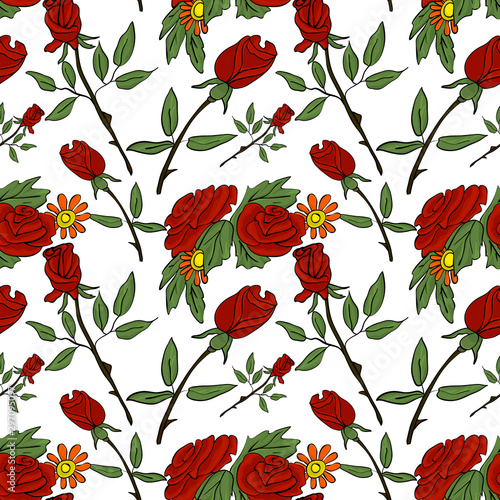 Seamless vector pattern with red roses and daisies on a white background. Botanical ornament for printing on fabric  cards on Valentine s Day.