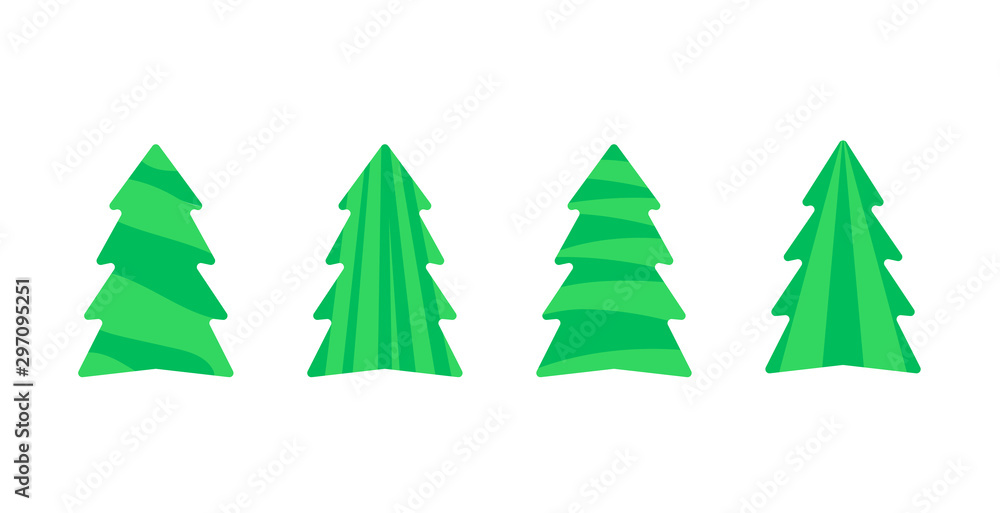 Obraz premium Vector illustration, Christmas tree flat cartoon set. Isolated on white background. Applicable as a decorative element for interior designs, greeting postcards, posters, flyers etc.