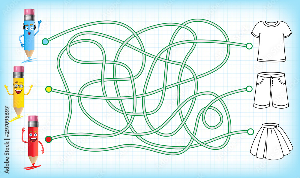 Maze game with coloring for kids. Help these funny pencils get to the