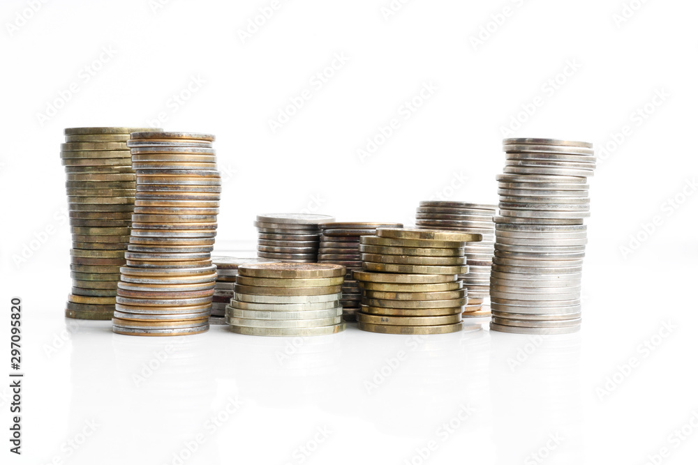Columns of coins of Russian rubles on a white background. Outdated Russian currency. Double-headed eagle on the back of coins. Copy Columns of coins of Russian rubles on a white background. Outdated Russian currency. Double-headed eagle on the back of coins. Copy