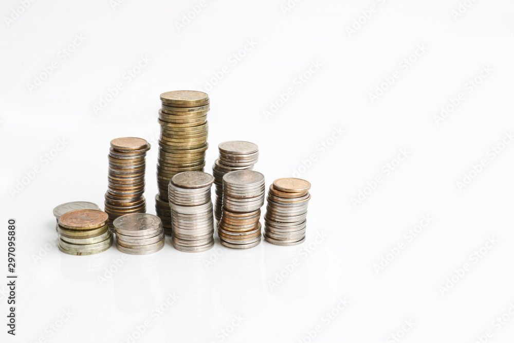 Columns of coins of Russian rubles on a white background. Outdated Russian currency. Double-headed eagle on the back of coins. Copy Columns of coins of Russian rubles on a white background. Outdated Russian currency. Double-headed eagle on the back of coins. Copy