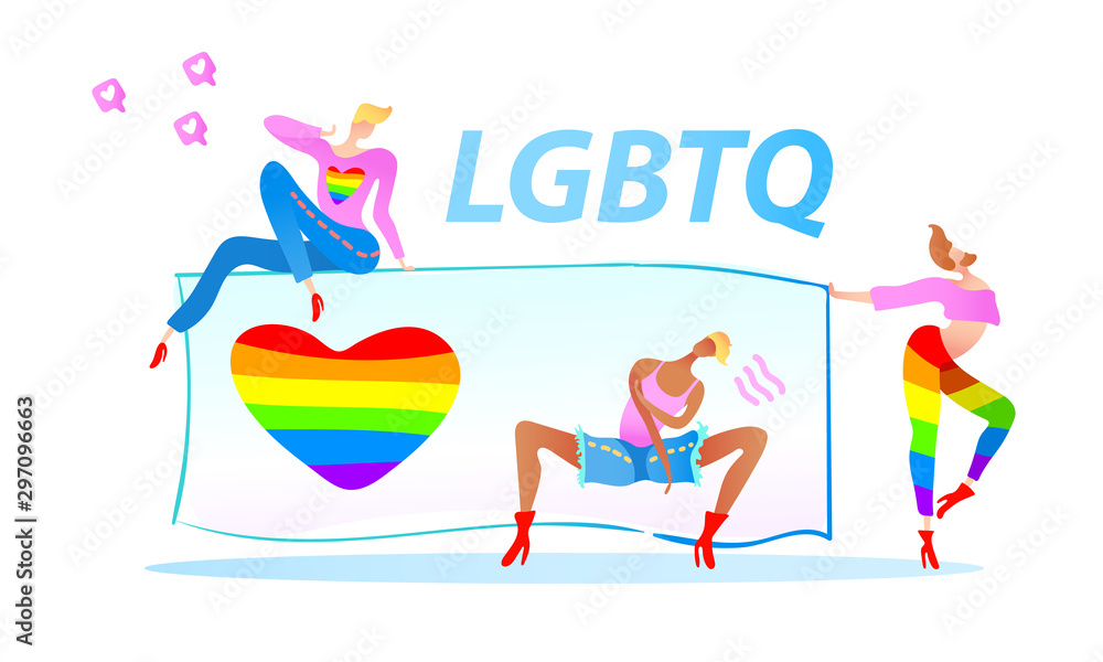 Vector colorful illustration, trendy gay men on heels with a poster and a rainbow heart. Flat cartoon style, isolated. Applicable for LGBT (LGBTQ), transgender rights concepts etc.