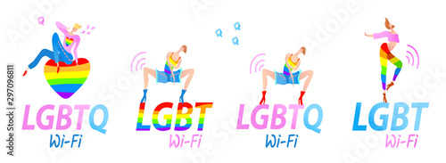 Vector colorful illustration, trendy gay men on heels set with LGBT (LGBTQ) Wi-Fi text. Flat cartoon style, isolated. Applicable for homosexual, transgender concepts, Internet hotspots, stickers.