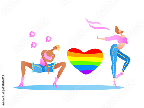 Vector colorful illustration, trendy gay men on heels set with a rainbow heart. Flat cartoon style, isolated. Different ethnicity. Applicable for LGBT (LGBTQ), transgender rights concepts etc.