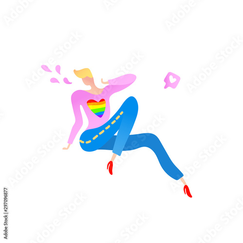 Vector illustration  trendy blond gay man wearing jeans and heels. Flat cartoon style  isolated. Rainbow element. Applicable for LGBT  LGBTQ   transgender rights  pride parade  love is love concept.