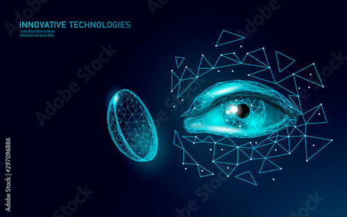 Contact lenses 3D low poly concept. Healthcare eye vision care medicine support. Close up eyesight. Ad marketing template vector illustration