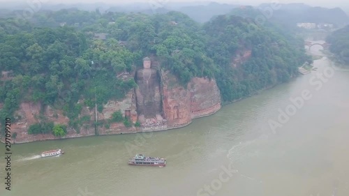Leshan Giant Buddha in Leshan, China. This buddha statue dates back to 713 BC and is 71 meters high - world's largest stone buddha ( listed by Unesco ). aerial photography.
