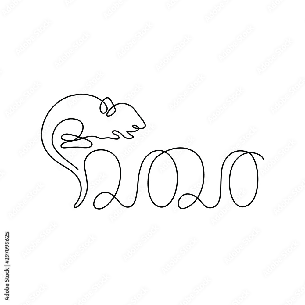 Happy Chinese New Year 2020 year of the rat, greetings card, invitation, posters, print, banner, neon. Сontinuous line drawing. Isolated vector.