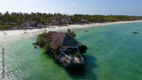 Aerial view. The rock restaurant Zanzibar. Tourist attraction, Tanzania Africa