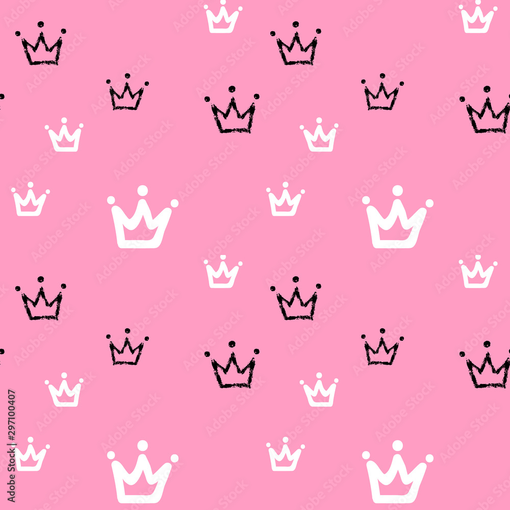 Girly sweet vector seamless pattern with crowns in pink, black and white colors. Romantic style, hand drawn elements, texture. Applicable as endless textile or wrapping paper prints and backgrounds. Girly sweet vector seamless pattern with crowns in pink, black and white colors. Romantic style, hand drawn elements, texture. Applicable as endless textile or wrapping paper prints and backgrounds.