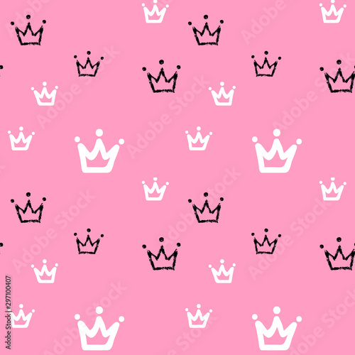 Girly sweet vector seamless pattern with crowns in pink, black and white colors. Romantic style, hand drawn elements, texture. Applicable as endless textile or wrapping paper prints and backgrounds.