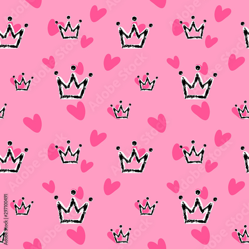 Crown and heart, girly sweet vector seamless pattern. Romantic style, hand drawn elements. Texture, pink, black trendy colors. Applicable as endless textile or wrapping paper prints and backgrounds.