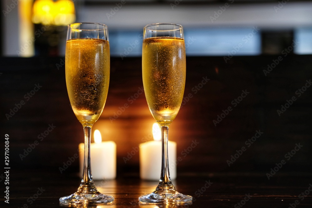 glasses of champagne on table in restaurant