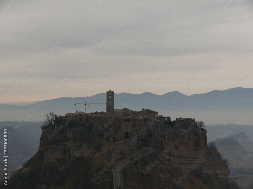 The village of Civita Bagnoregio perched on a small mountain.