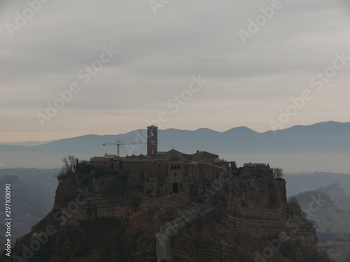 The village of Civita Bagnoregio perched on a small mountain.