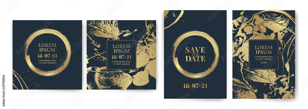 Set of design templates with golden texture, marble effect. Luxury and elegance. Gold and blue color.