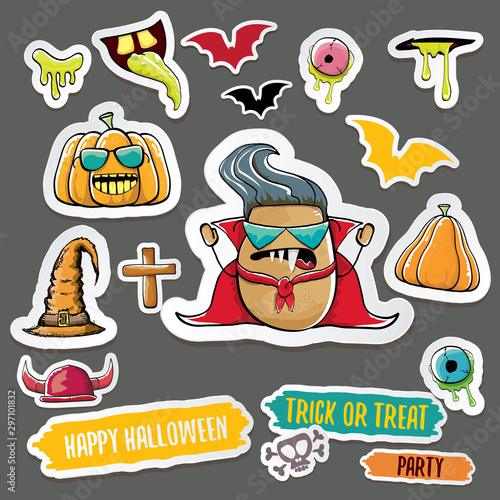 Vector halloween sticker icons set with dracula, witch hat, scary pumpkin, bat , skull, happy halloween text, demon and zombie eyes, wooden cemetry cross, monsters isolated on grey background.